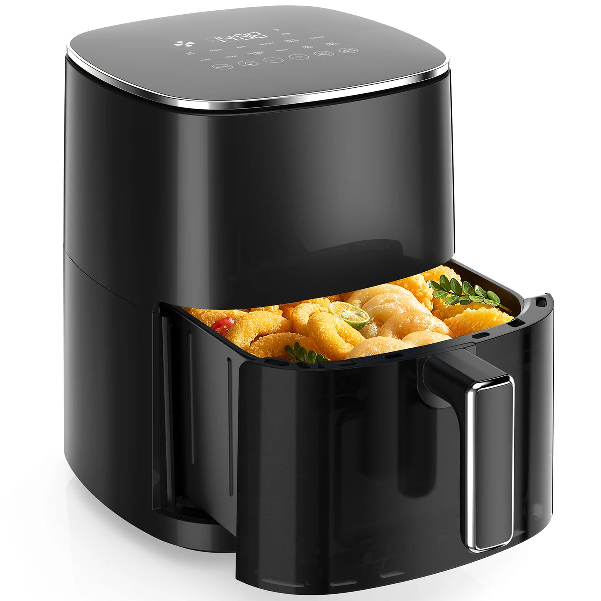 Black 6-quart electric air fryer with open basket and handle, countertop.