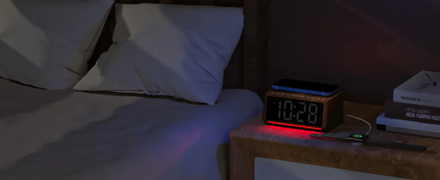 Wooden Digital Alarm Clock with Wireless Charger & Bluetooth Speaker Tidesmit