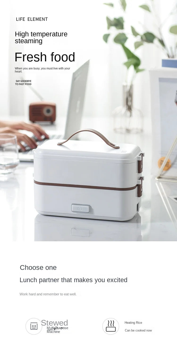 Portable electric heating lunch box, white with brown trim and front control panel.