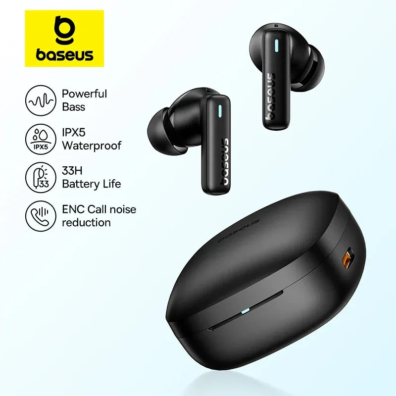 Baseus Bowie E19 Wireless Earphones Bluetooth 5.3 Big Bass 12mm Drivers IPX5 Waterproof Earbuds 33Hrs Battery Life Headphones Tidesmit