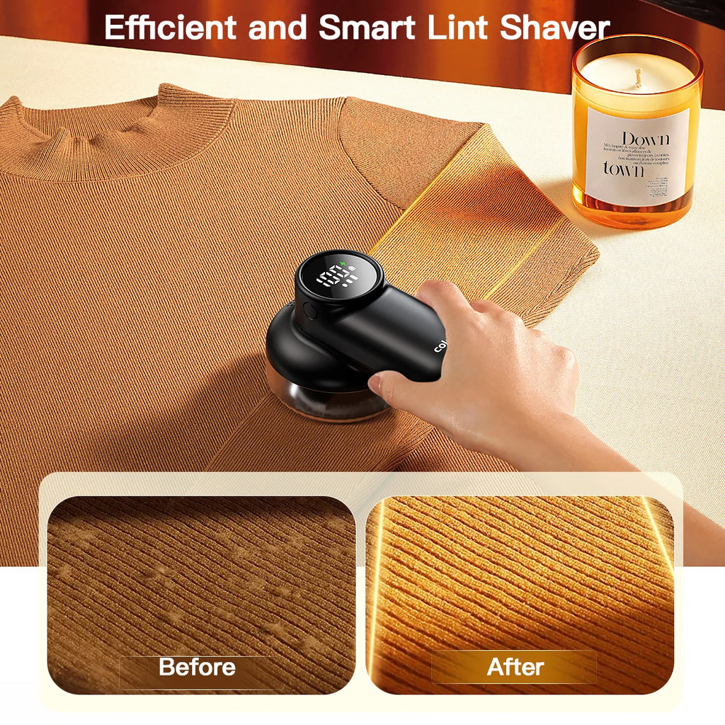 Tidesmit coldSky electric lint remover showing intelligent digital display and charging status for sweater defuzzing