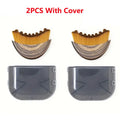 Two crescent-shaped face brushes with wood-grain handles, yellow bristles, and translucent grey protective covers.