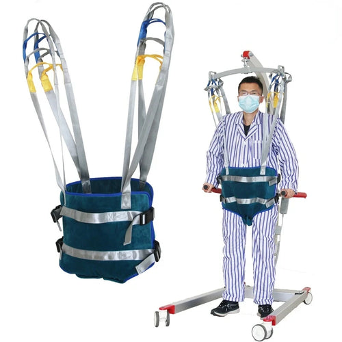 Blue velvet orthopedic patient lift support sling for walking rehab and lower body mobility assistance.