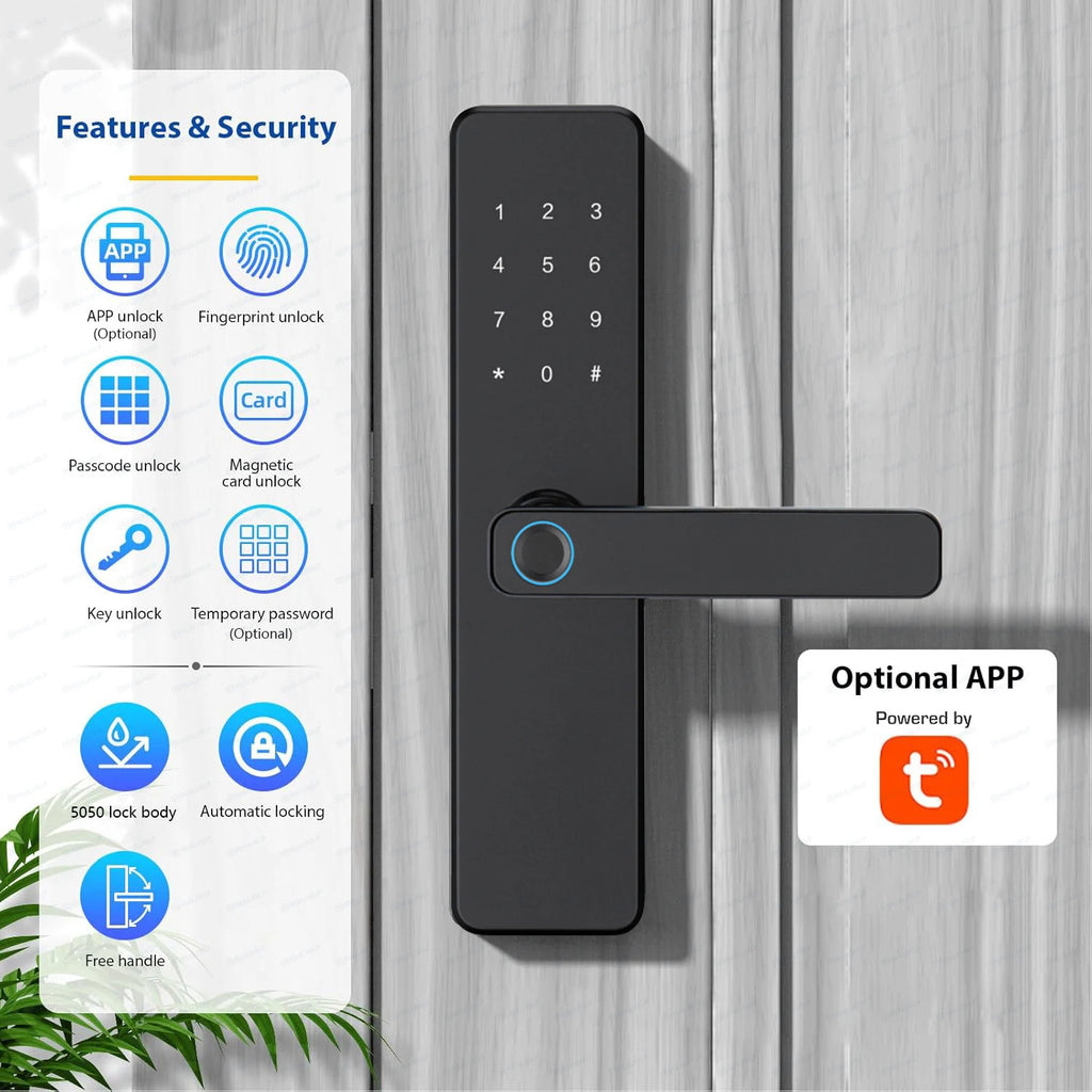 5-in-1 Smart Door Lock with Fingerprint Biometric, Wi-Fi, Tuya APP Control, Touchscreen Keypad – Fits 35-60mm Thick Doors