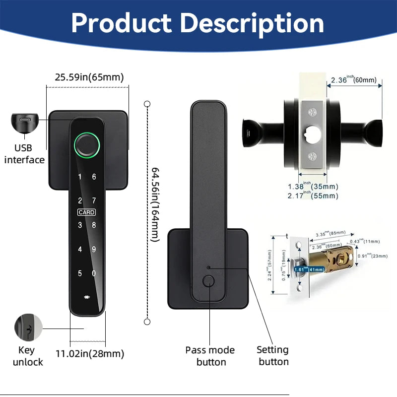 XSDTS Tuya Handle Fingerprint Key Card Digital Smart Door Lock Keypad Key Entry Electronic Lock Home House Apartment