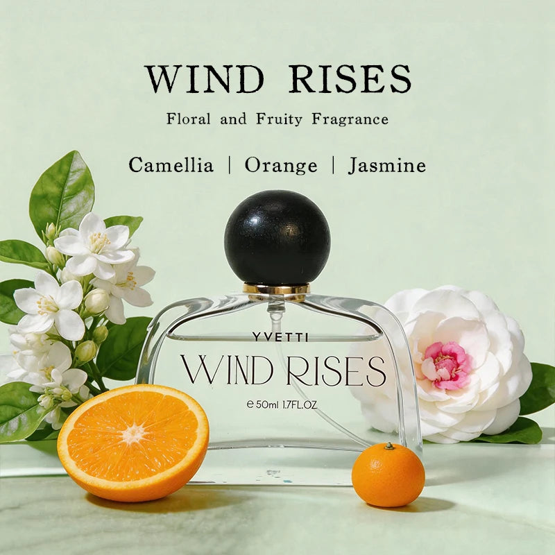 Yvette Wind Rises women’s floral fruity perfume with camellia, orange, jasmine notes in a chic square glass bottle.
