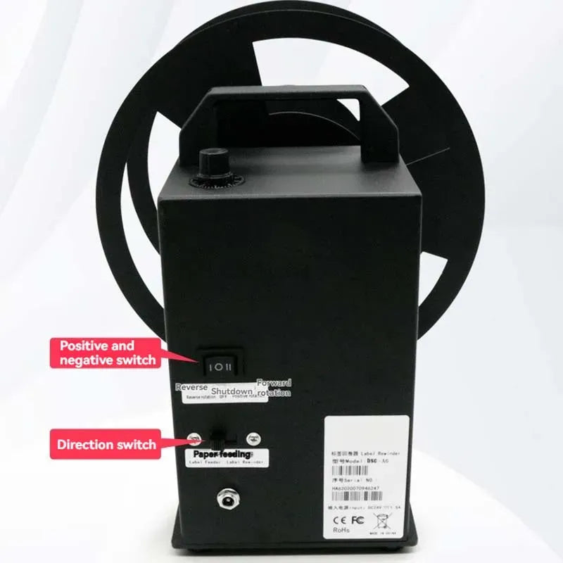 Label rewinder machine with top control switch and large dual circular guide reels