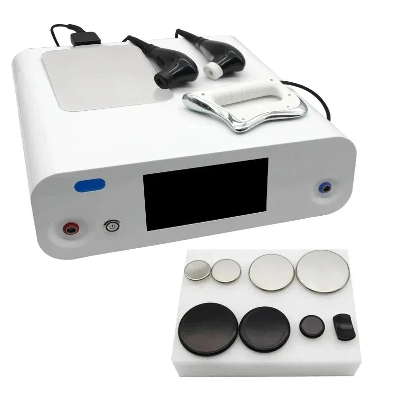 White radio frequency facial machine with digital screen, two handheld probes, and a set of metal and silicone heads.