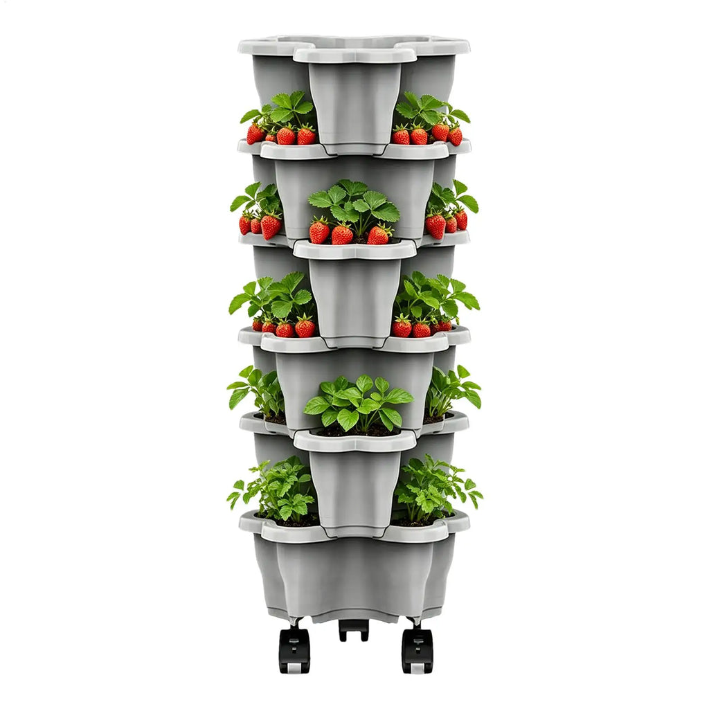 Stackable vertical planter tower with strawberries and green herbs in gray pots