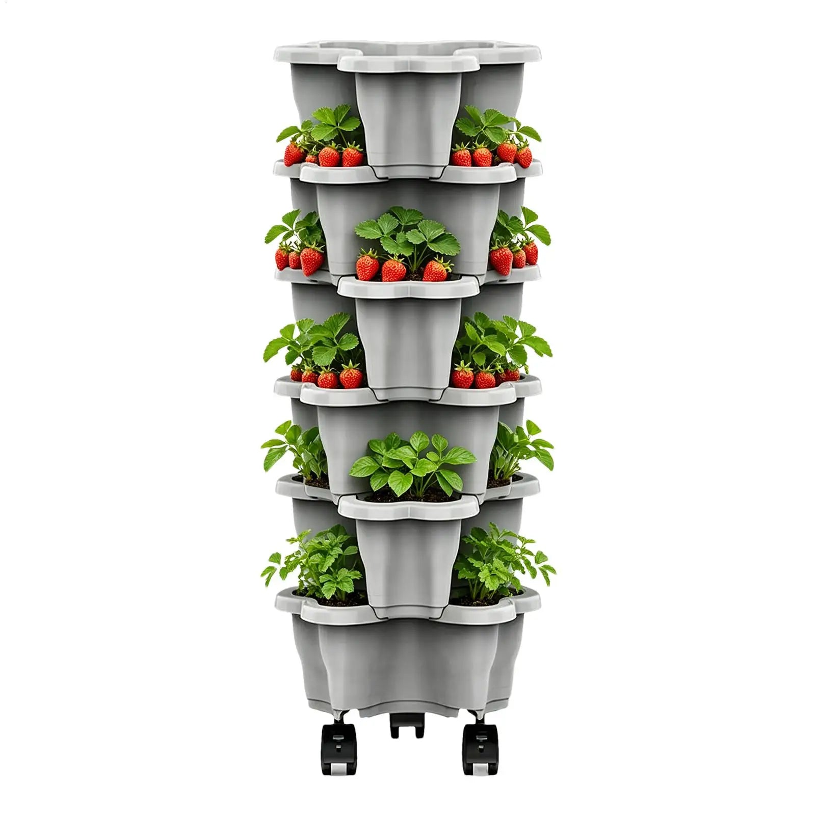 Stackable vertical planter tower with strawberries and green herbs in gray pots