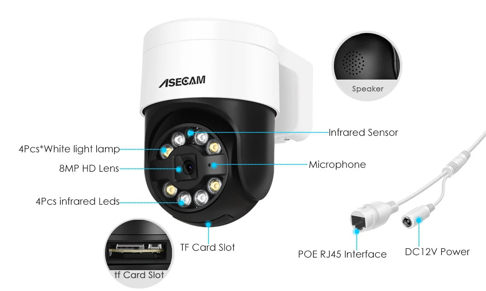 8MP 4K PTZ IP Camera Face Detection Audio POE Outdoor H.265 Onvif CCTV RTSP Color Night Vision AI Street Security Camera Xmeye