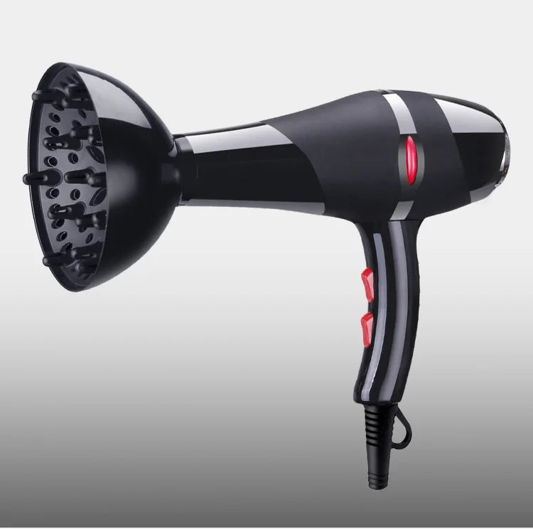 Black 2100W professional salon hair dryer with diffuser attachment, high-power AC motor for fast drying.