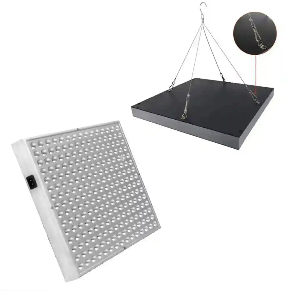 Square LED grow light panel with white front-facing bulbs and black back casing, includes metal hanging wire kit.