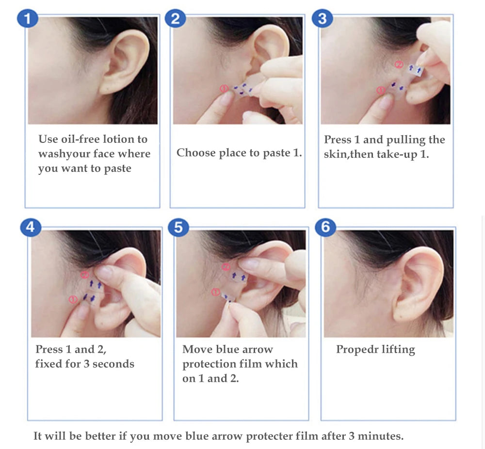 Six-step instructional graphic showing how to apply transparent, adhesive V-shape face lifting patches behind the ears.