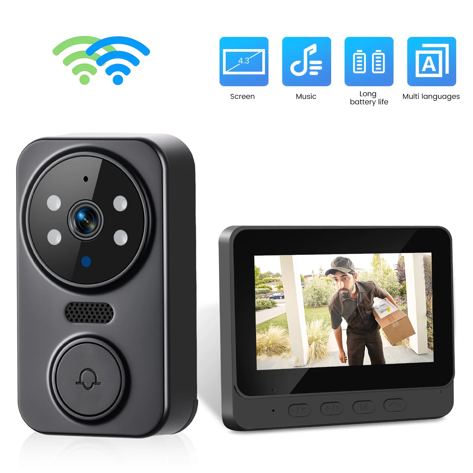 Podofo Smart Wireless Video Doorbell With Screen 4.3'' IPS HD Smart Intercom 2.4G Visible Doorbell Two-Way Talk Night Vision Home Use Security Camera