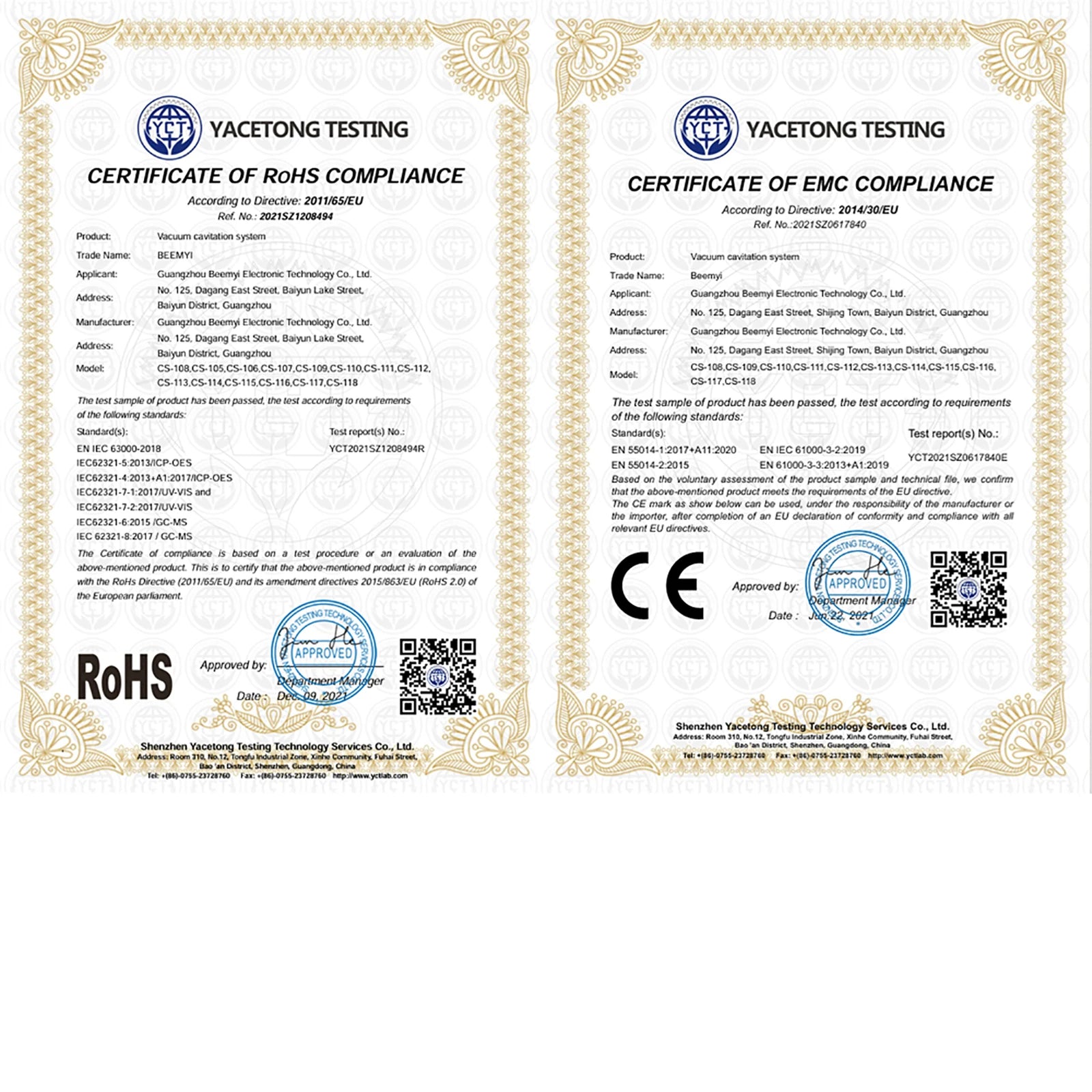 Two side-by-side Yacetong Testing certificates for RoHS and EMC compliance for the Beemy vacuum cavitation system.