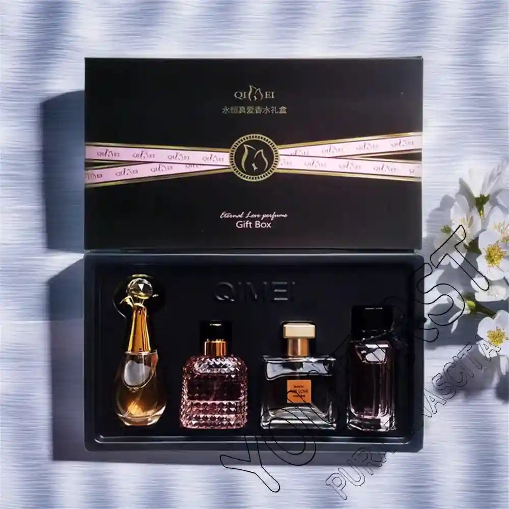 QIMEI 4-piece women's floral fruity EDP gift set. Includes varied luxury glass bottles in a premium black gift box.