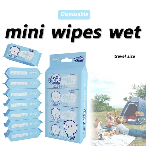 Ai Xiaojin travel size disposable baby wet wipes, featuring cute blue bear design, 8-pack set for portable baby care.
