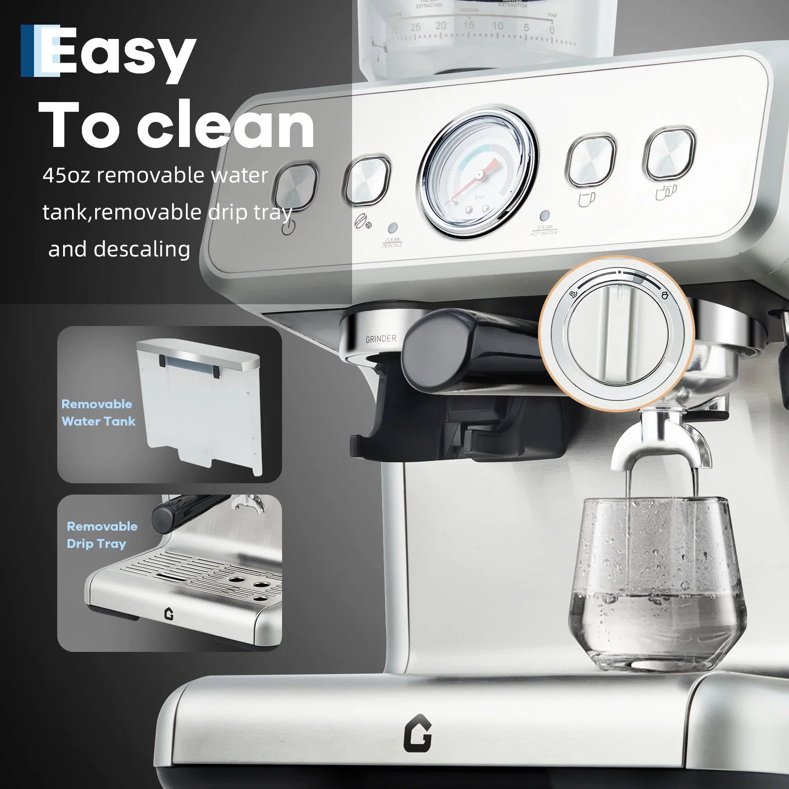 Stainless steel espresso machine with 45oz removable water tank, pressure gauge, and removable drip tray.