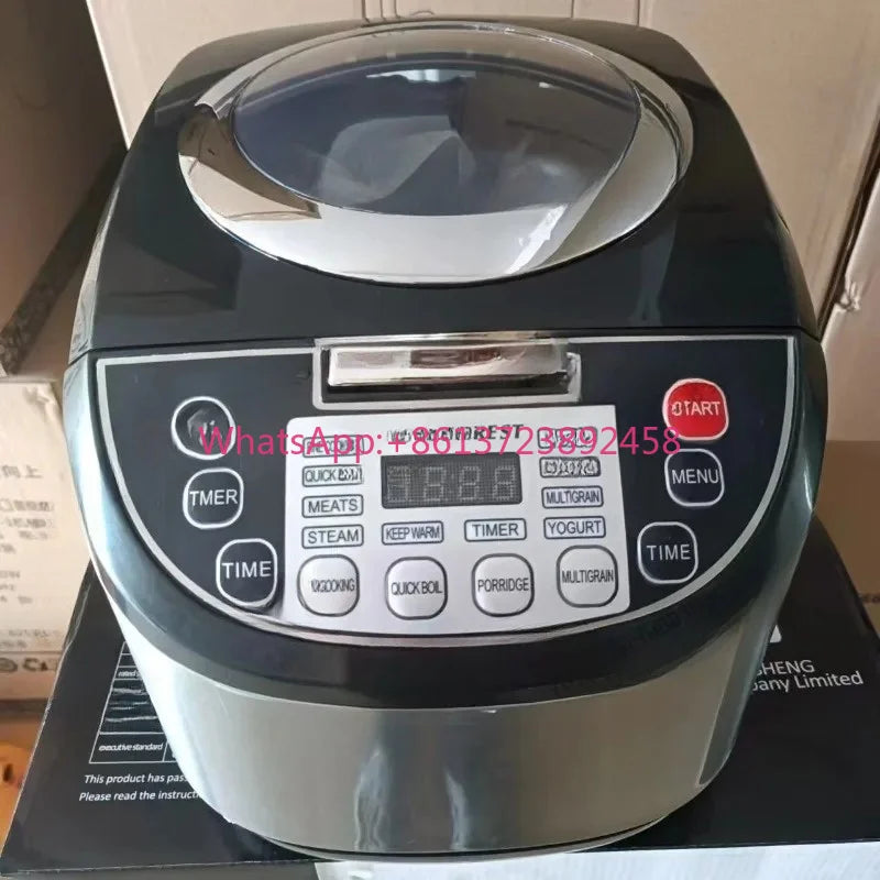 Black electric rice cooker with stainless base and front control panel display