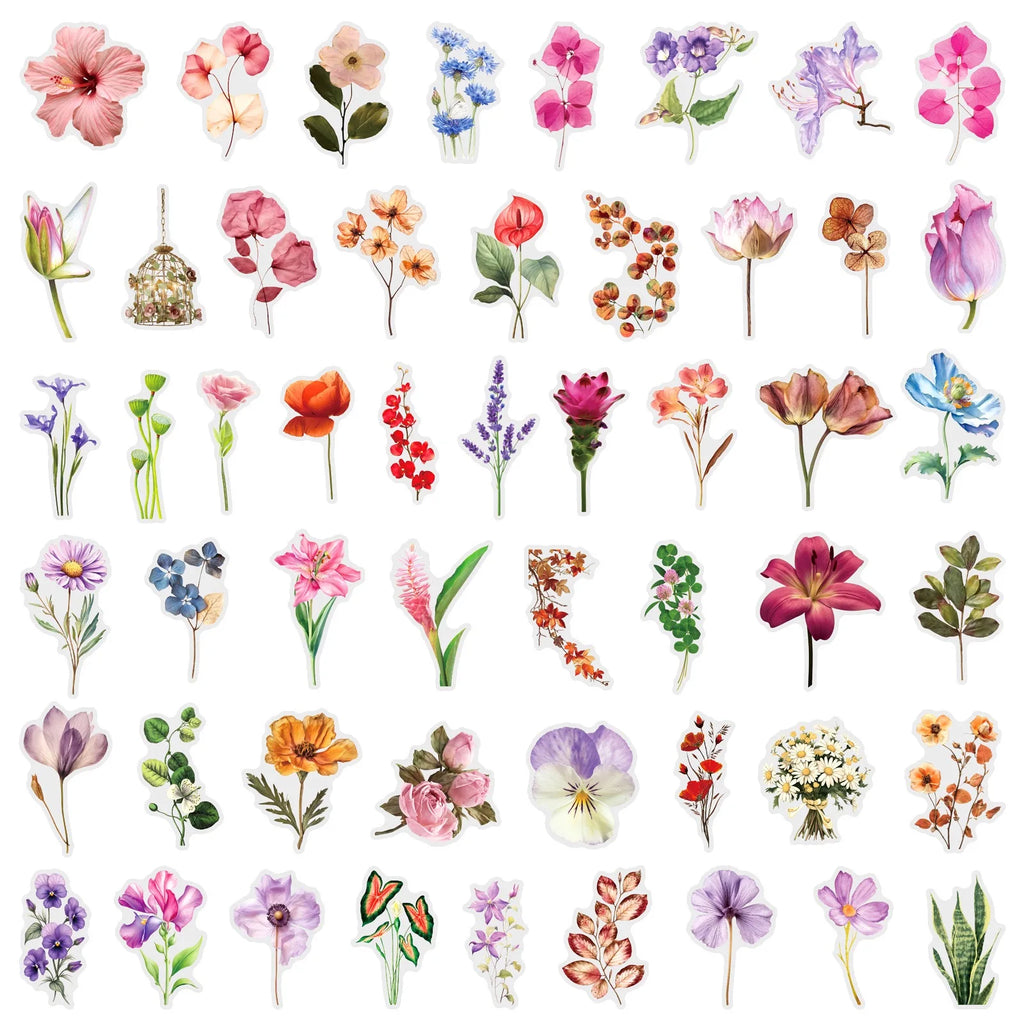 50PCS Color Ink Flower Sticker Pack Waterproof Transparent PET Brochure Flower Material Decorative Notebook Waterproof Stickers