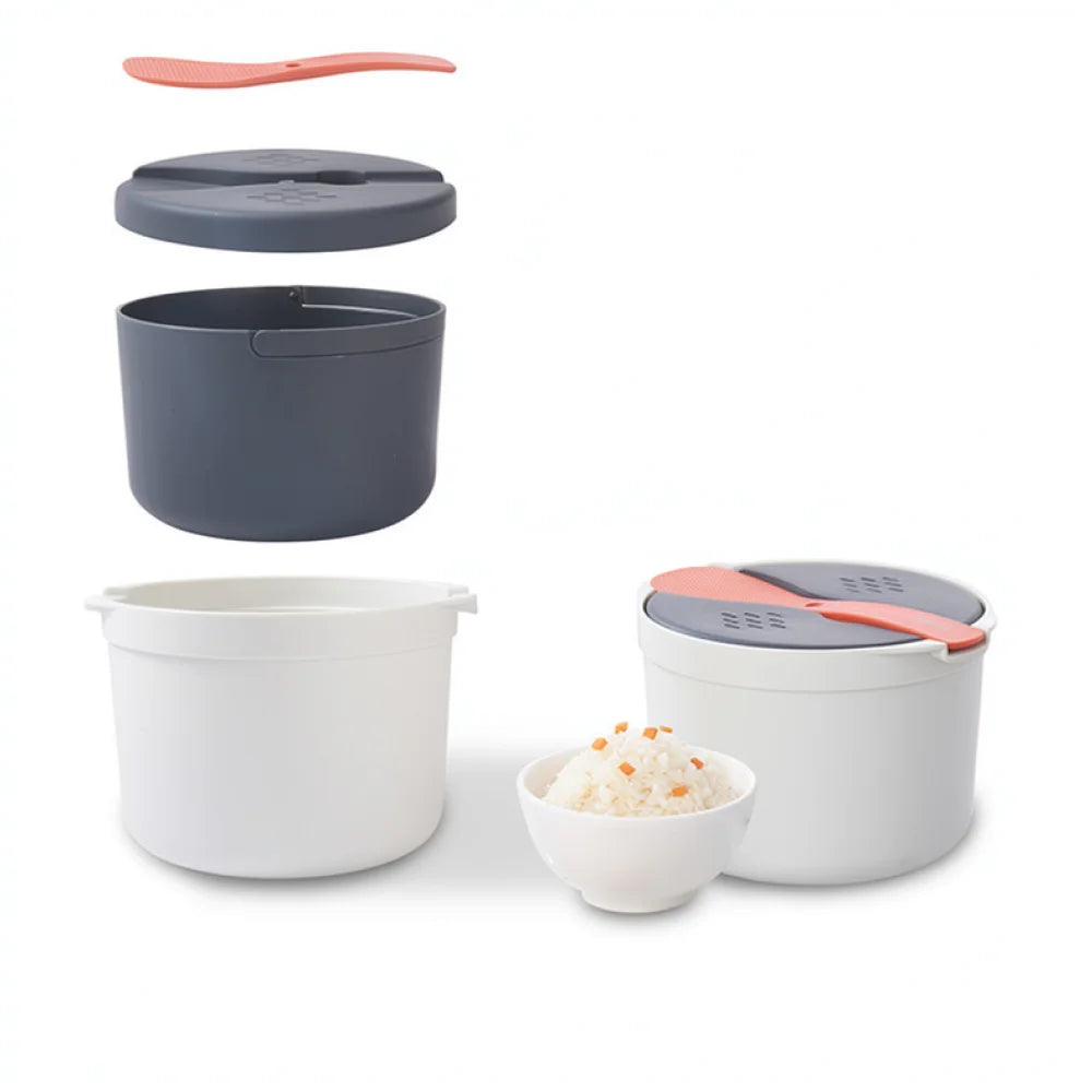 Microwave rice steamer pot set with dark and white containers, orange handle lid.