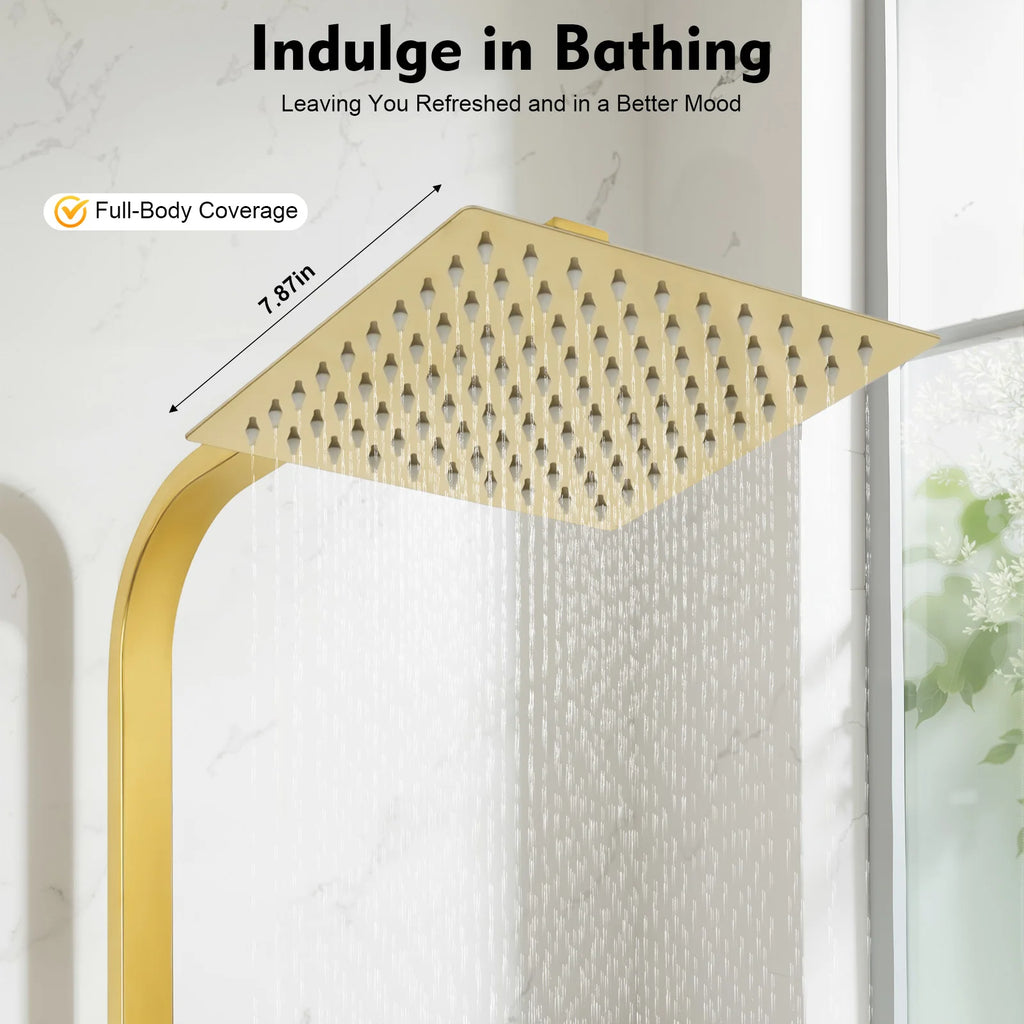 Adjustable Gold Brass Shower Column Set, Rain Shower & Handheld Shower with Stainless Steel Hose, Bathroom Shower Faucet Set