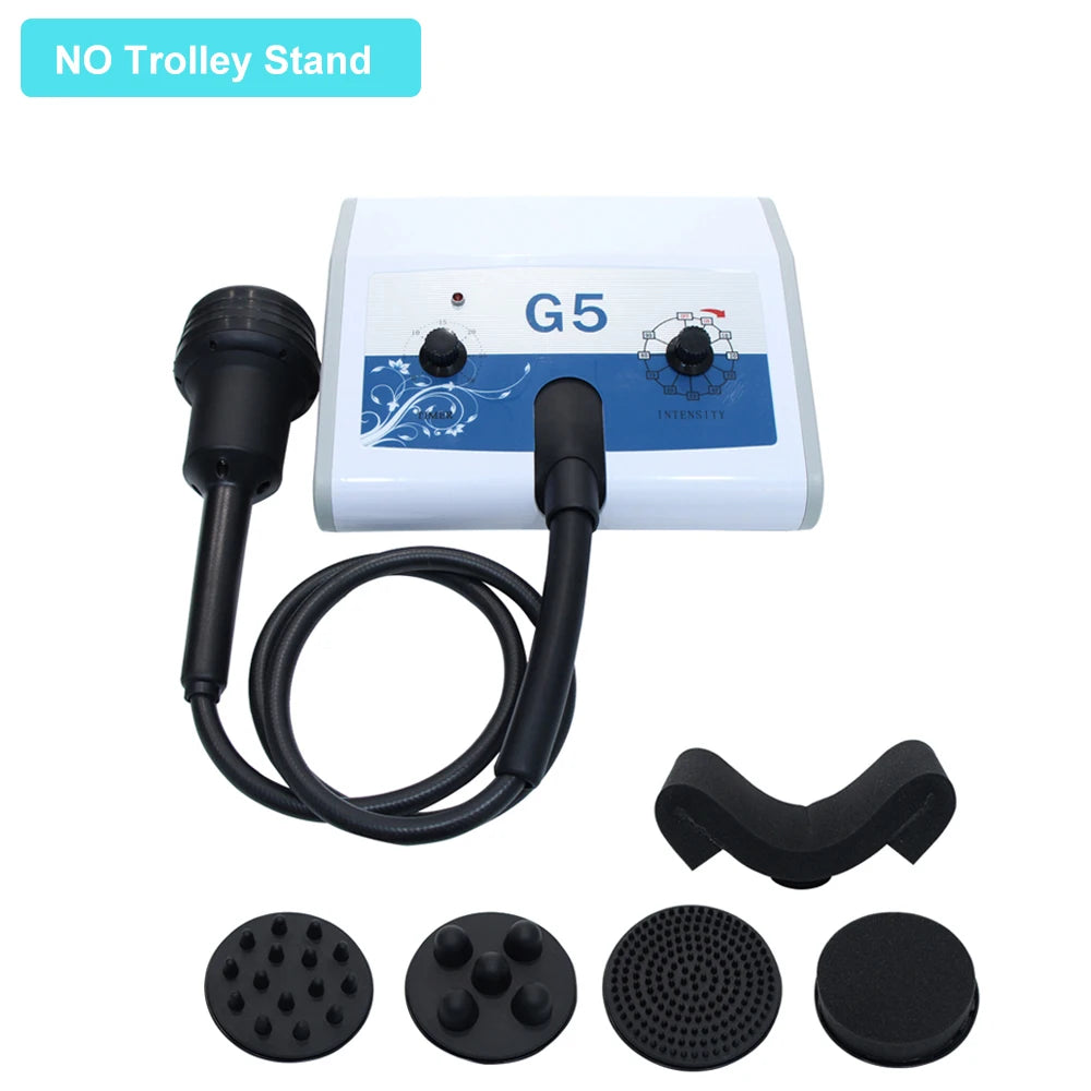 G5 massage machine with white control unit, black applicator head, hose, and four interchangeable textured tips.