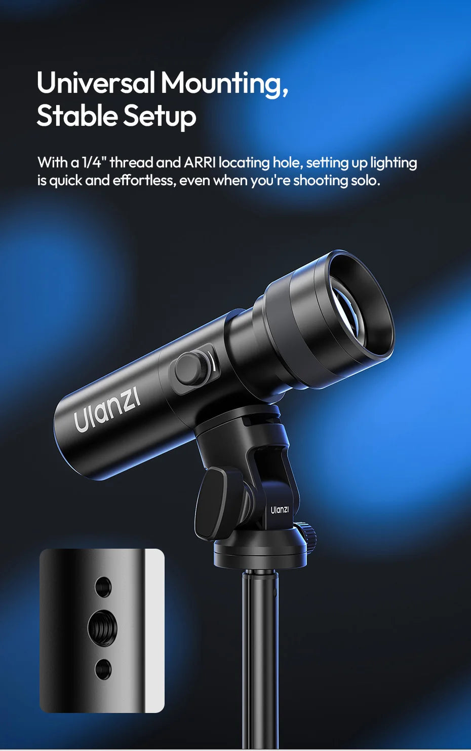 Black cylindrical LED video light on a tripod mount with a 1/4" threaded hole for photography and videography.