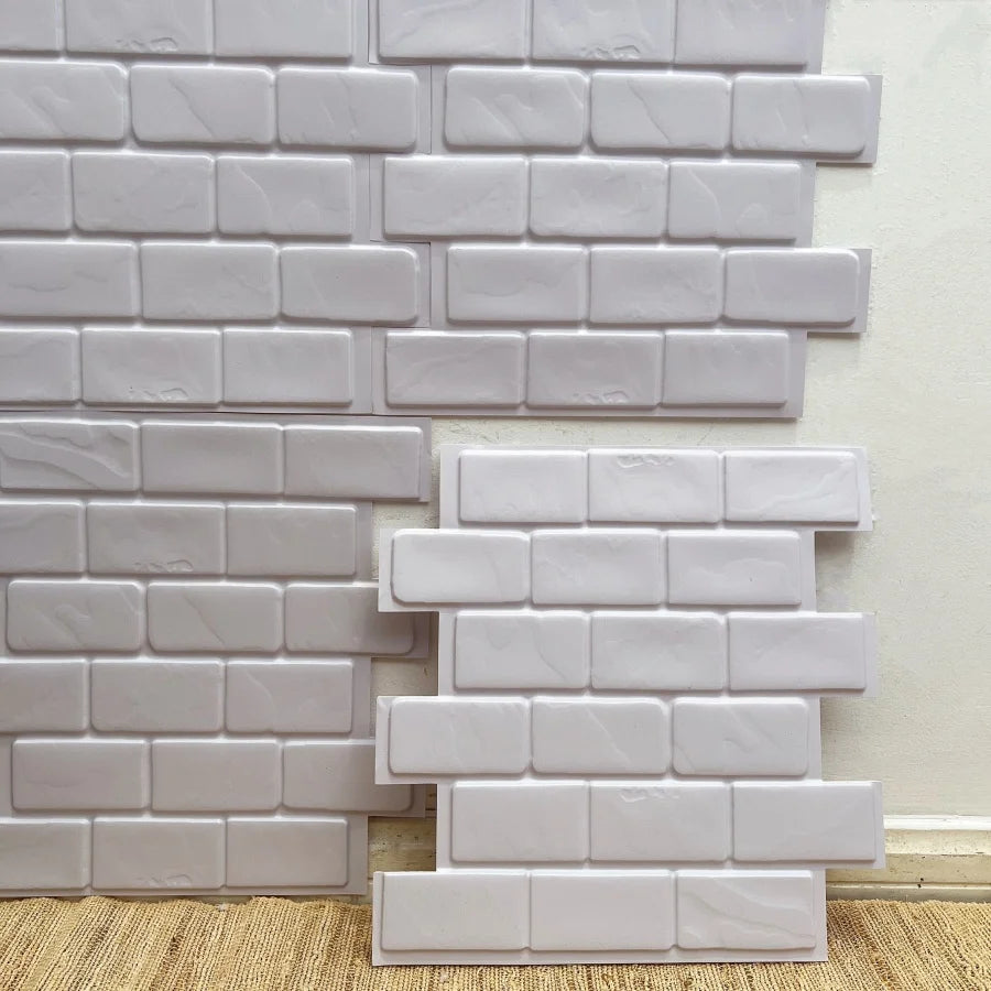 White brick-pattern peel-and-stick backsplash tiles with raised texture (12 in x 12 in).