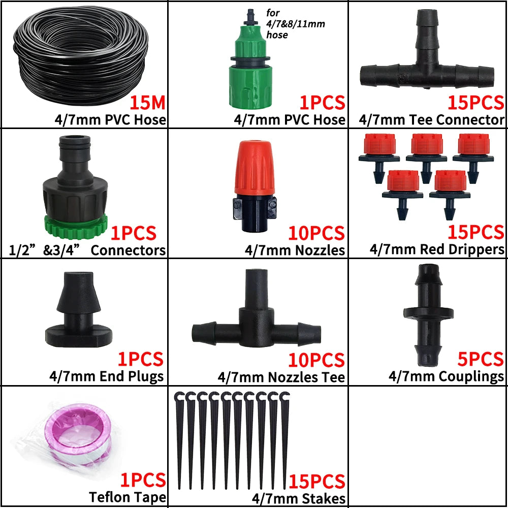 Drip irrigation kit with 15 m 4/7mm black PVC hose roll, connectors, nozzles, tees, end plugs