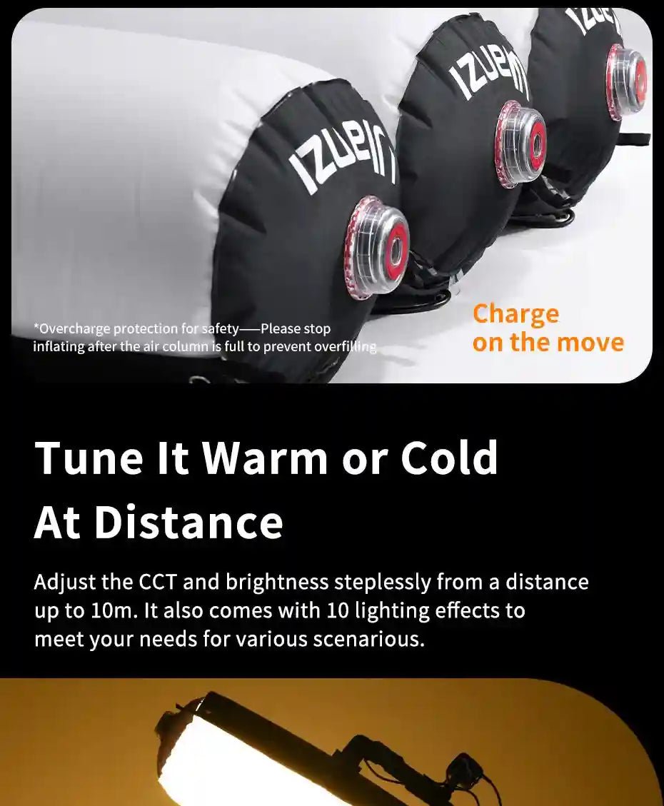 Inflatable white light column with black end caps and central charging ports for portable photography and video
