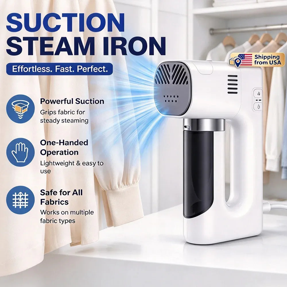 Suction steam iron with powerful fabric grip, lightweight one-handed operation, and safe steaming for all garments.