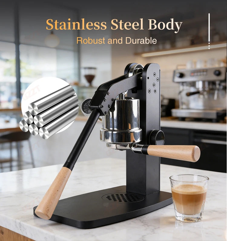 Manual espresso maker with black stainless steel body, lever press, and wooden handle on kitchen counter.