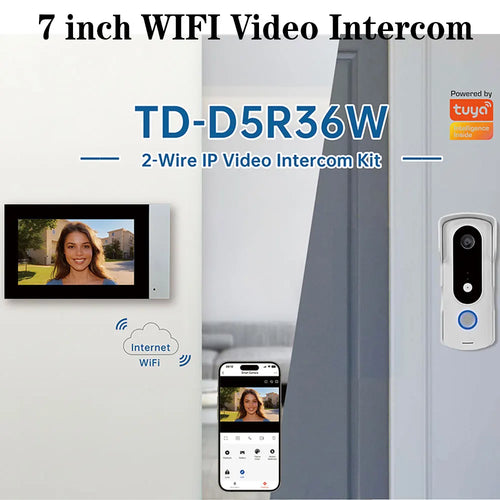 7-inch WiFi video intercom kit with white indoor monitor and outdoor camera panel