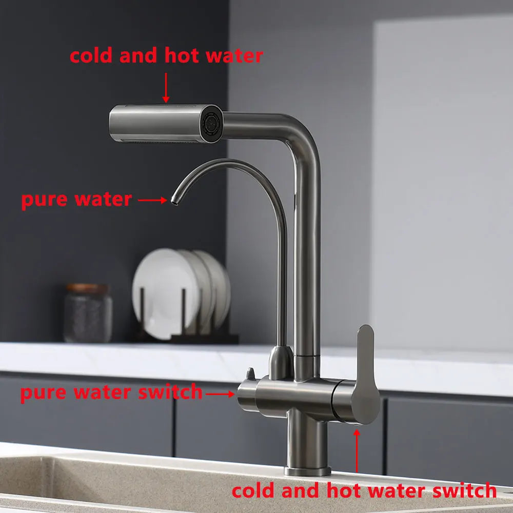 Waterfall Faucet 4 Modes Multi-functional Pure Hot Cold Water Kitchen Faucet Sprayer Sink Wash Tap 360° Rotation