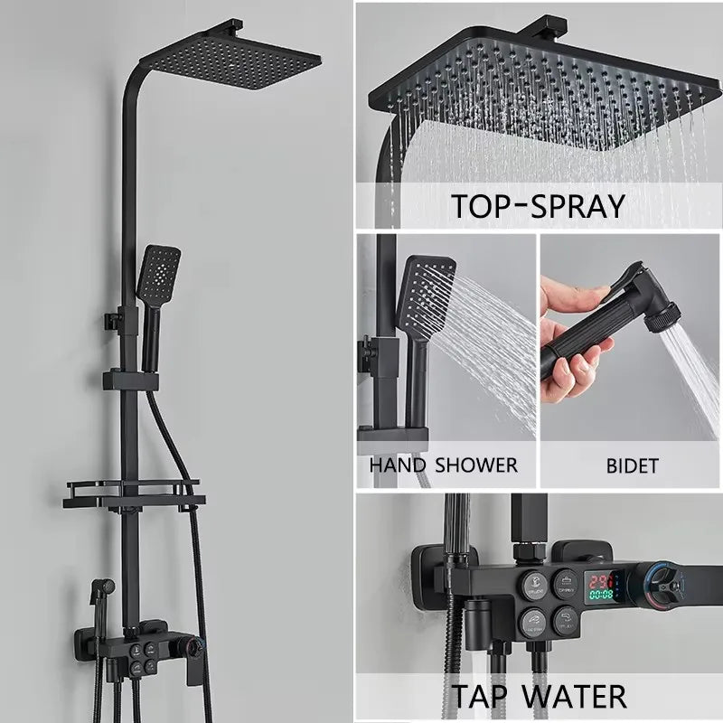 Thermostatic Rainfall Shower System, 360° Freely Rotating Top Shower Head with Swing Handheld Sprayer, Wall Mounted Constant Temperature Anti-Scald Shower Mixer Faucet Set for Modern Bathroom Renovation