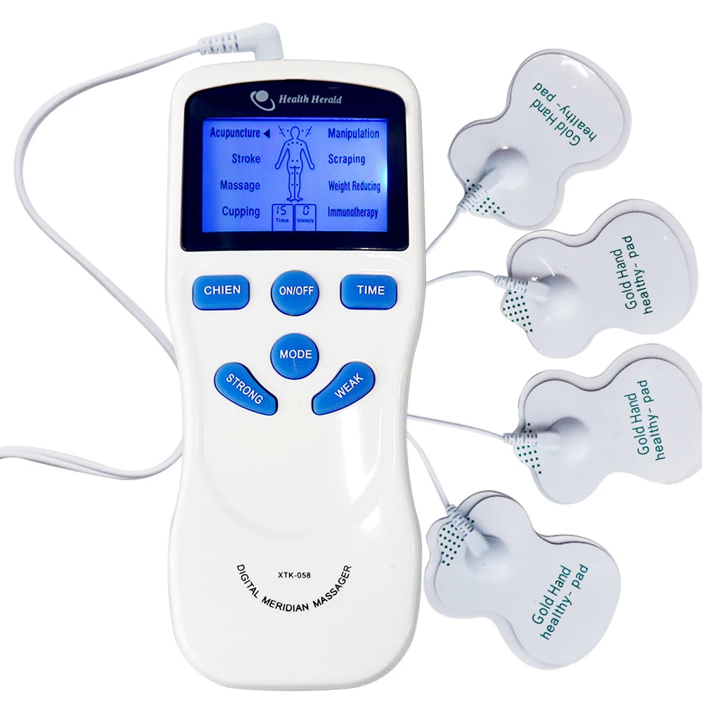 White digital TENS massager with a blue screen, control buttons, and four electrode pads for muscle therapy.