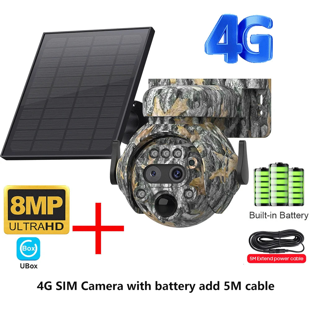 INQMEGA 8MP Solar Powered Camera 4K 4G / WIFI Solar Camera Solar Panel  Security PIR Human Detection Cam in Forest