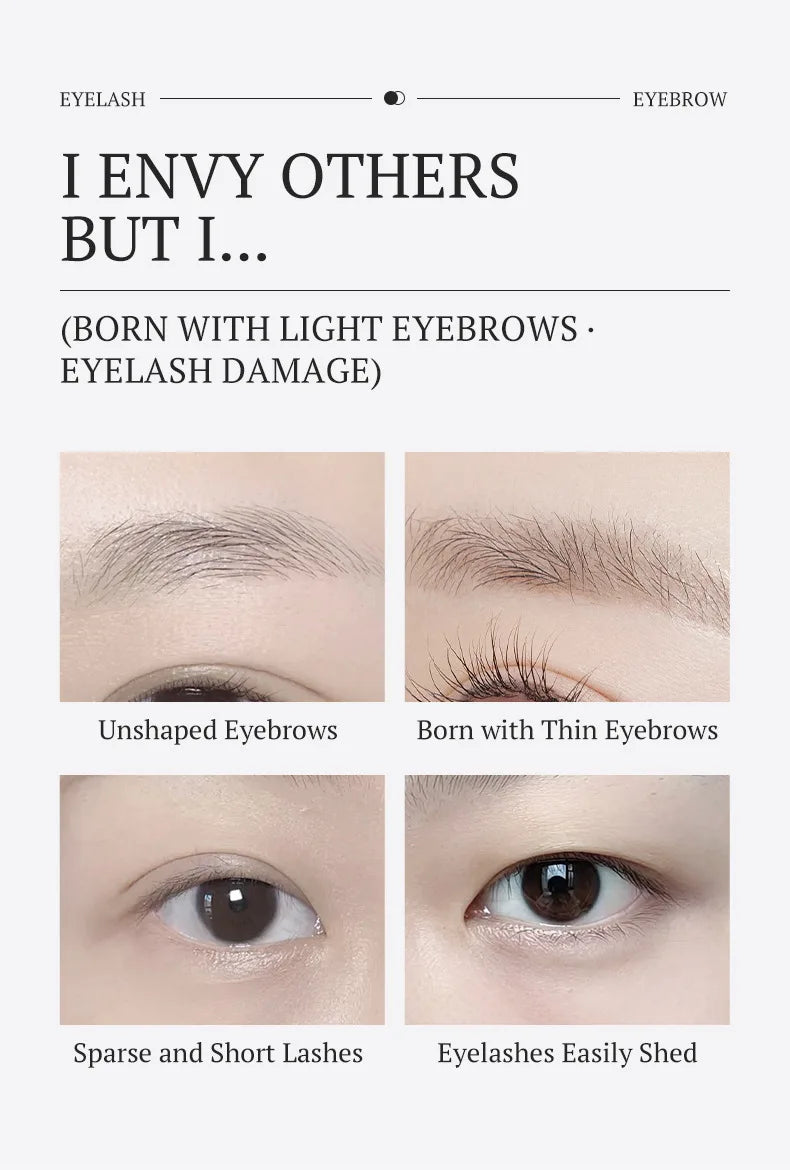 Before and after comparison of thin, sparse eyebrows and eyelashes using 2-in-1 growth serum for thicker, longer hair.