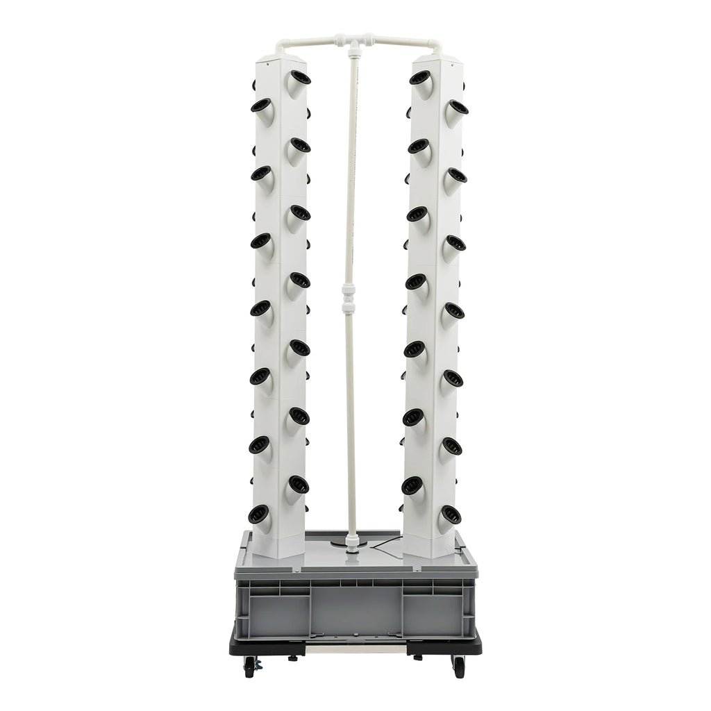 Hydroponic growing tower back view, white vertical columns with planting holes and black base