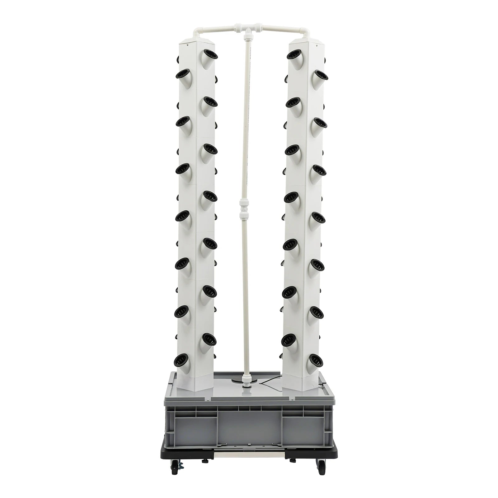 Hydroponic growing tower back view, white vertical columns with planting holes and black base
