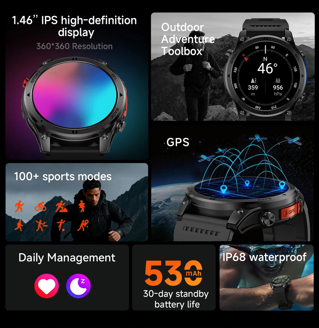 LIGE New Global Hiking Smart Watch 1.46''HD Screen 530mAh Battery GPS Path Track Outdoor Sport Fitness Waterproof Smartwatch Men