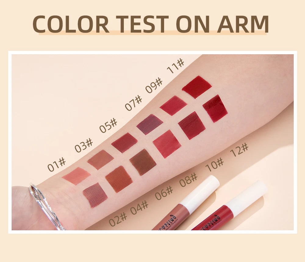 QIBEST matte liquid lipstick swatches on arm, showing velvet texture and long-lasting red shades for lip makeup.