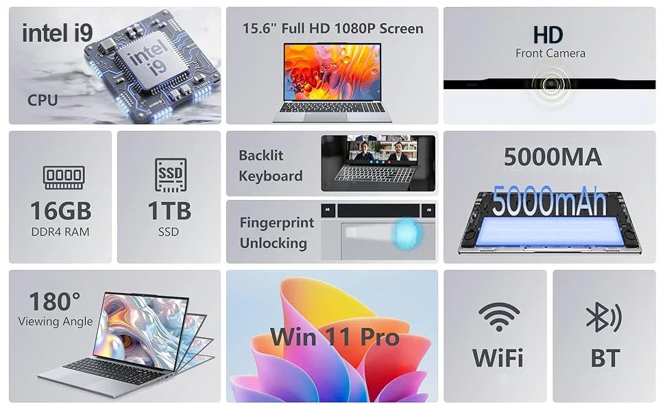 2026 i9 Laptops Windows 11 15.6" Laptop Fingerprint UnIock Intel Core i9-10980HK 16GB RAM 1TB 2TB SSD Office Gaming i9 Notebook