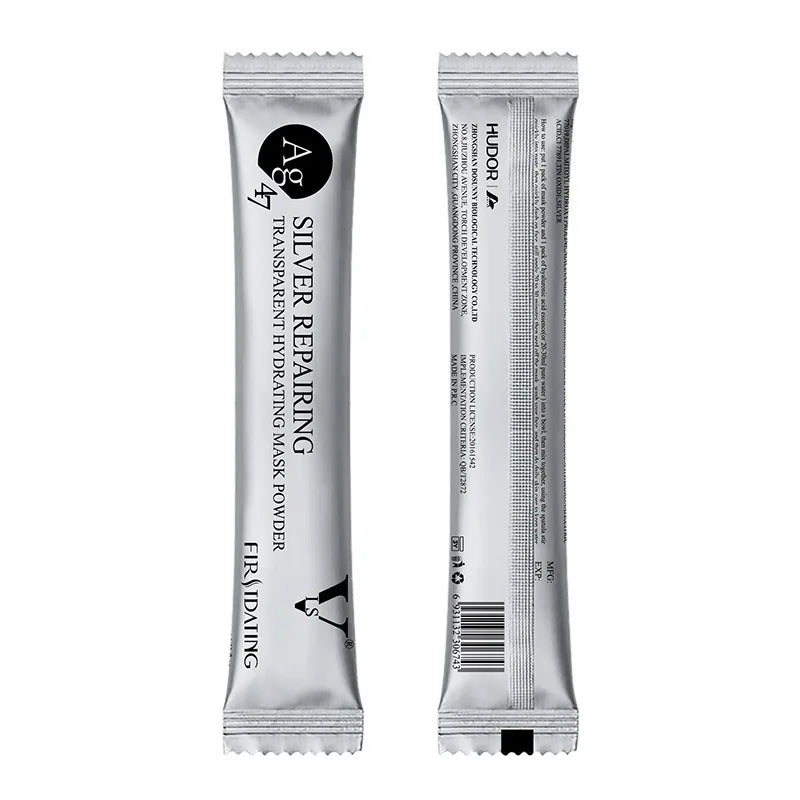 Front and back view of a silver, stick-style sachet containing Silver Repairing hydrating facial mask powder.