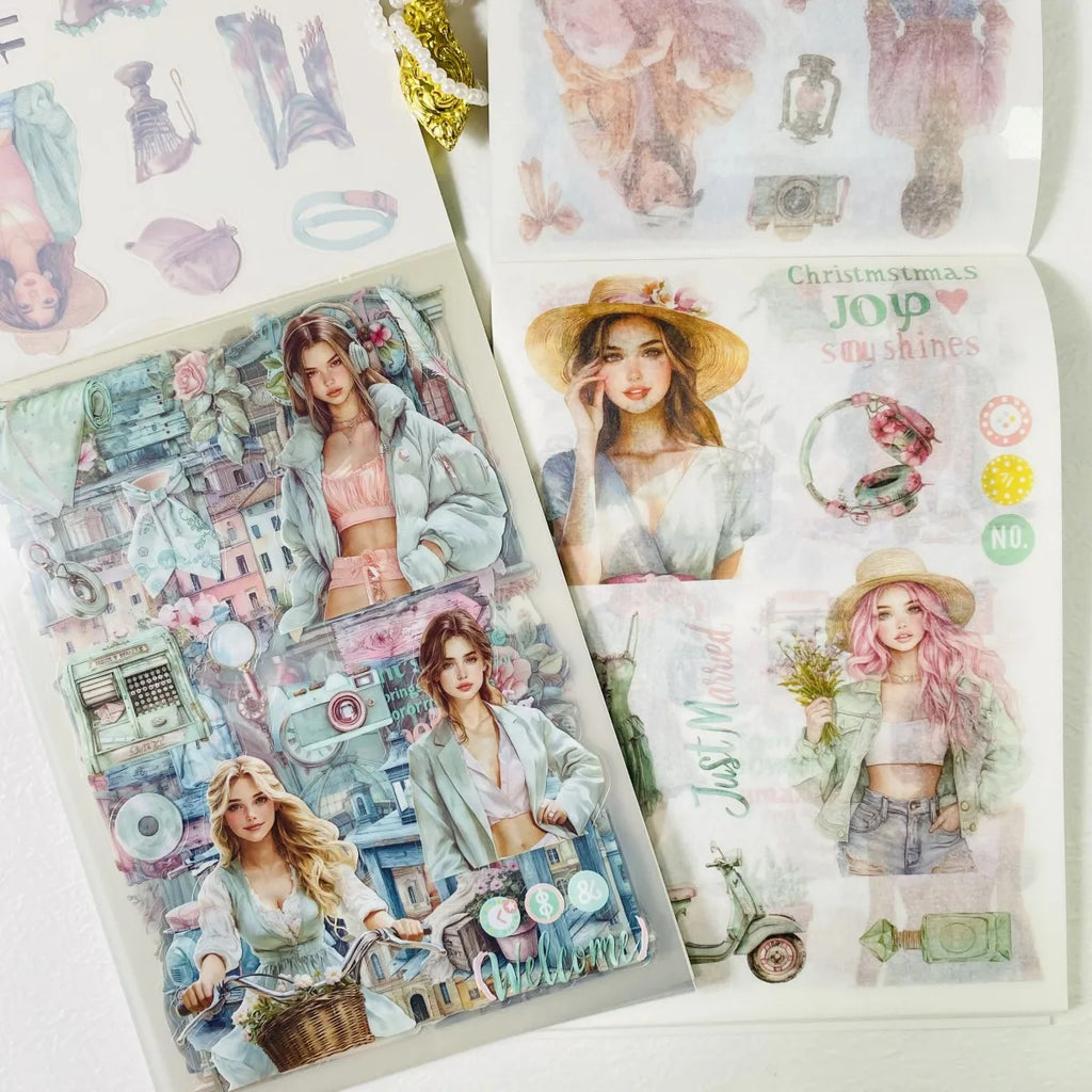 Journamm 20-sheet PET sticker book featuring aesthetic girl illustrations for journaling, scrapbooking, and DIY decor.