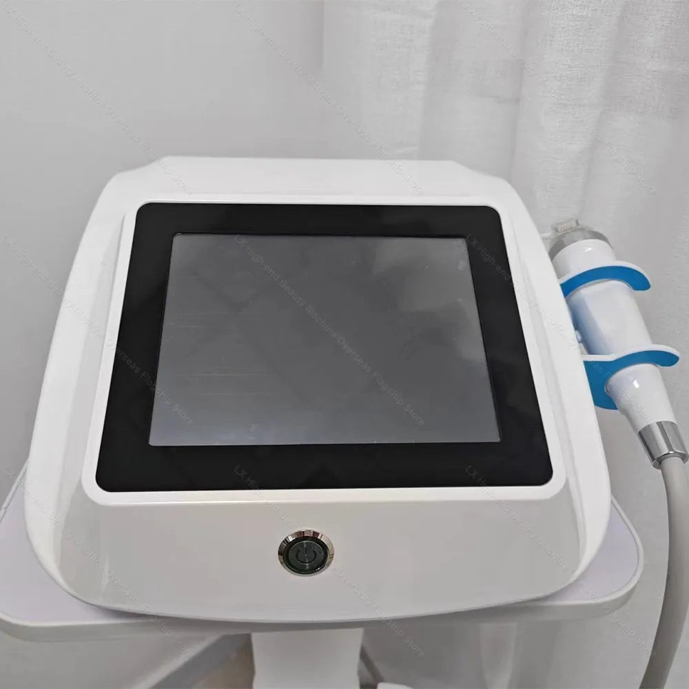 White portable RF microneedling machine with touchscreen for face lifting, skin tightening, and pore reduction.