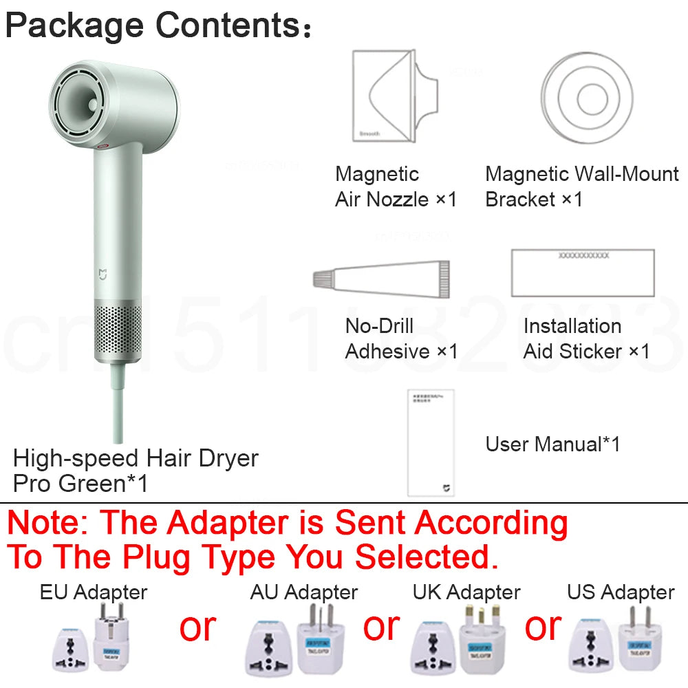 MIJIA High-Speed Hair Dryer Pro kit in green, including magnetic nozzle, wall mount, adhesive, and power adapter.