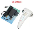 White, handheld dual-head ultrasonic facial massager with control buttons, an LCD screen, and a black power adapter.